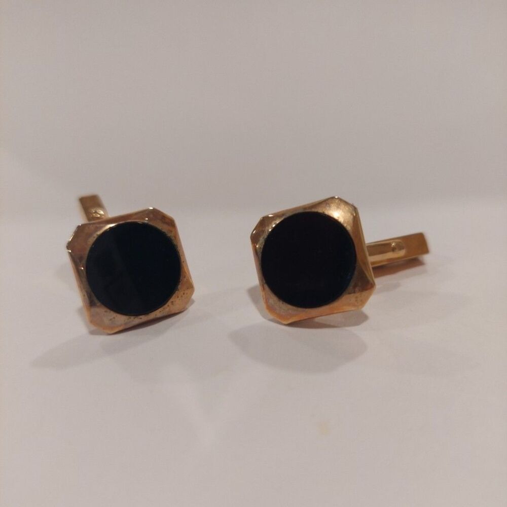 Vintage Swank Cuff Link Set Gold & Black Circle